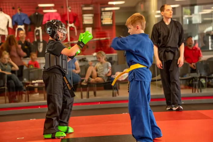 Two young boys practicing martial arts in a gym.